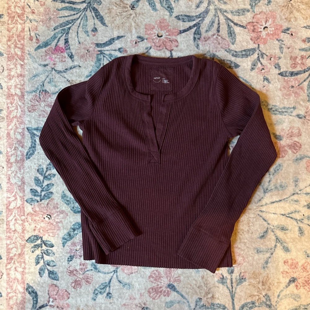 Aerie Burgundy Long Sleeve Henley Top